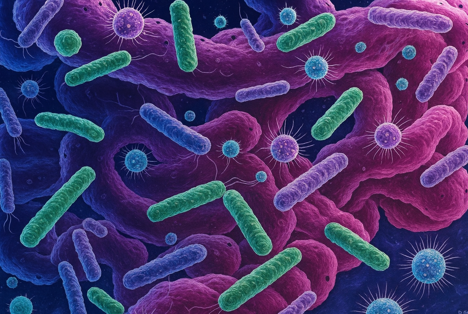 AI-generated image of intestines with microbes superimposed