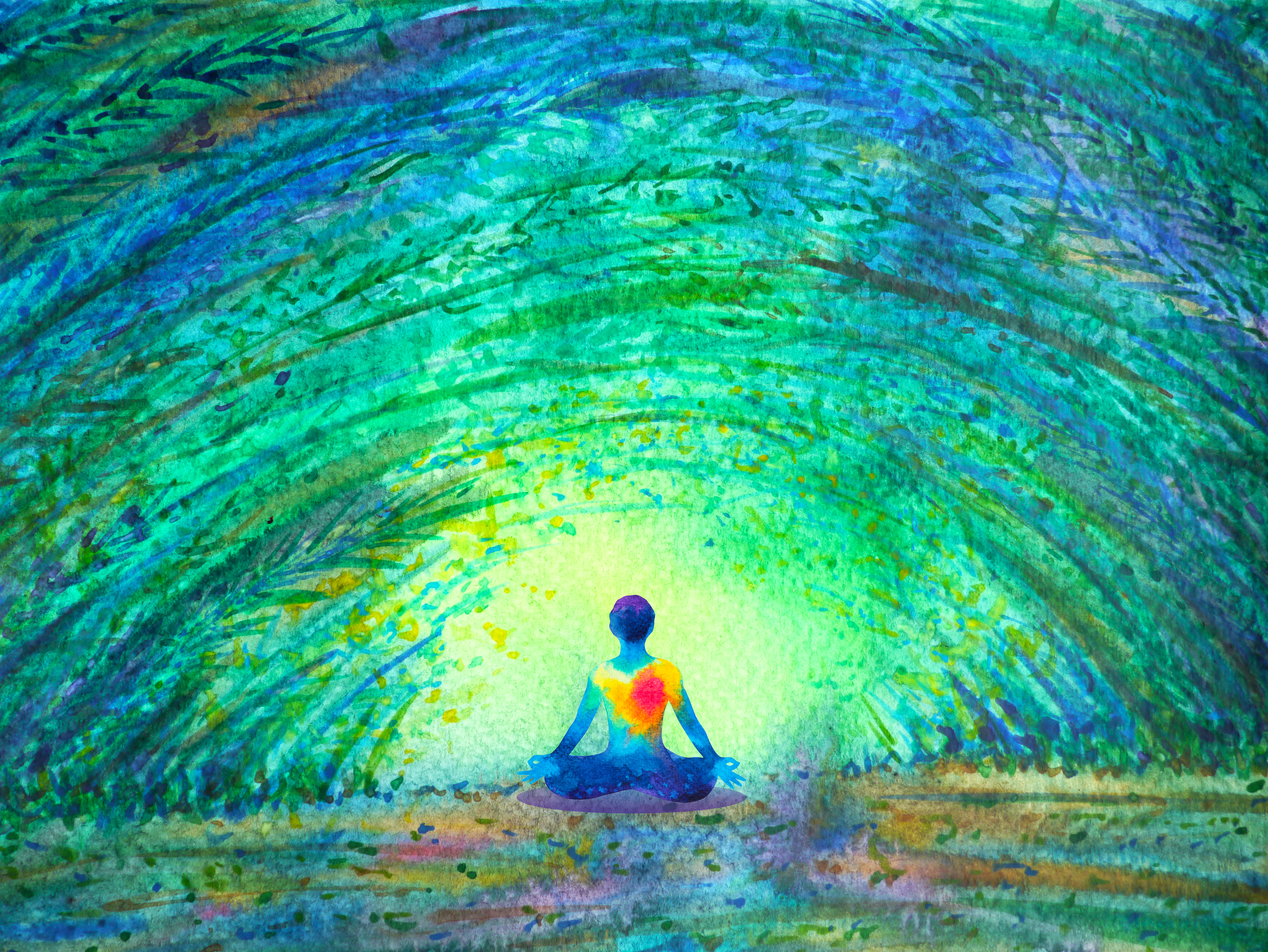 painting of person seated with heart over body.