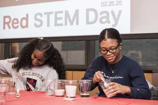 two young girls at a table with plastic cups and solutions